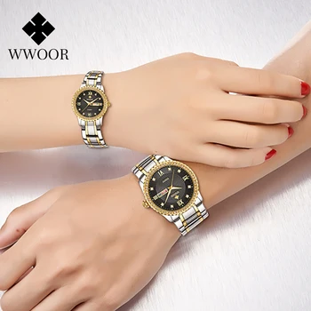 WWOOR Modes Luksusa Vīrieši Sievietes Skatīties Zelta Kvarca rokas Pulkstenis Nerūsējošā Tērauda Pāri Pulkstenis Ūdensizturīgs Uzņēmumu Sporta Vīriešu Pulksteņi