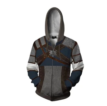 3D Drukas Rāvējslēdzēju, Kapuci sporta Krekls Streetwear Balto Vilku Geralt Cosplay Hoodies