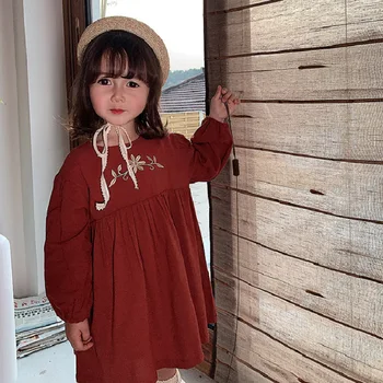 Meitenes, Kleita Puķu Meitene Kleitas korejiešu Bērnu Apģērbs Pavasara Rudens Meitenes Izšūtu Modes garām Piedurknēm Princese Kleitas 2-6Y