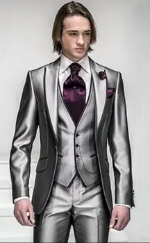 Labākā pārdošanas Sudraba Ilgi Stila Tailcoat Maksimālā Atloks Līgavainis Tuxedos Groomsmen Vīriešu Kāzu Uzvalks Balli Apģērbs(jaka+bikses+veste+kaklasaite)