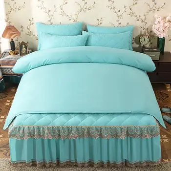 4gab Matēts quilting Cietā kroku mežģīnes Princese stila gultas piederumi komplekti, queen, king size duvet cover set gultas svārki uzstādīt spilvendrāna.