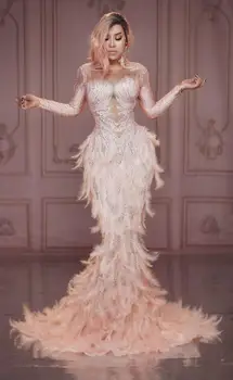 skatuves šovs mirdzoša kostīms Rozā eņģelis baby spalvu kleitu Sieviešu dziedātāju sniegumu apģērbu Naktsklubs, Bārs puse, vakara kleitas
