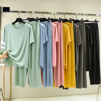 Ledus Zīda Īsām Piedurknēm Sieviešu Pidžamas Komplekts Tīrtoņa Krāsu Zaudēt Ērti Sleepwear