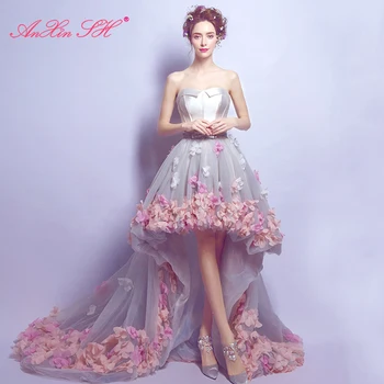 AnXin SH princese strapless Pirms īstermiņa un ilgtermiņa korejas rozā ziedu balta satīna pelēkā mežģīņu lielo loku trailing luksusa vakara kleita