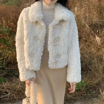 Sieviešu ziemas jaka Harajuku Cietā mīksti mākslīgās kažokādas mētelis bieza modes Savukārt Apkakle Sieviešu Silts jēra vilnas īsās plīša segas