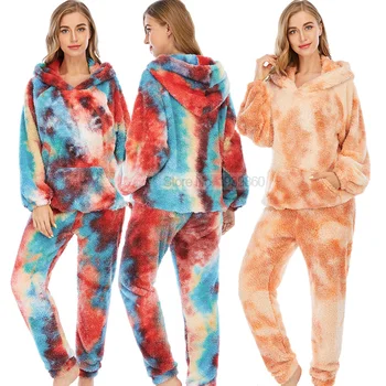 Coral Fleece Divi Gabali Krekls&Bikses Komplekts Sievietēm Tie Krāsošanas Sleepwear Ar Kabatas Pidžamas Kapuci Pidžamu Uzvalks Ziemā Silts Mājas Drēbes