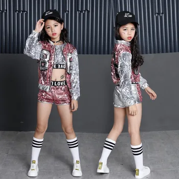 Jaunu Bērnu Sequin Hip Hop Apģērbi Apģērbi Meitenēm Jaka Crop Topi Krekls, Bikses, Džeza Deja Kostīmu Balles Dejas Iela