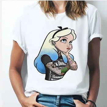 Disney Meitenes Cute Karikatūra Topi Tee Punk Princese Grafikas Iespiestas Sieviešu T-Krekls Sieviešu Vasaras Jaunā Modes Īsām Piedurknēm Tshirts