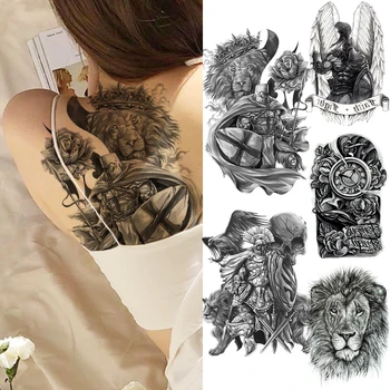 Melns Liels Bruņinieks Atpakaļ Lauva Pagaidu Tetovējumiem Sievietēm, Vīriešiem Cilšu Spārniem Kompass Viltus Tetovējums Ūdensizturīgs Body Art Apgleznošanas Tatoos