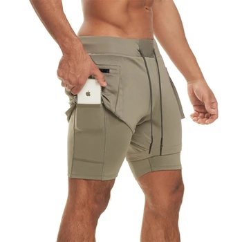 Vasarā jaunu vīriešu īsās multi-kabatas rāvējslēdzēju double layer 2 1 fitnesa vingrinājumi treniņbikses tīrtoņa krāsu darbojas īstenot bikses