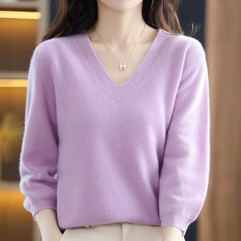 Džemperis sieviešu trikotāžas džemperis pavasarī un rudenī, jaunā v-veida kakla gadījuma septiņu punktu īsām piedurknēm 100% vilnas retro modes T-krekls
