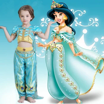 Ziemassvētku Halloween Puse Meiteņu Masku lamp Aladdin ir Princese Jasmine Cosplay Kostīms, Tops+Bikses+Apmetnis 3 Gabali Uzstādīt DL6043