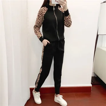 Raibs Leopard Tracksuit Sieviešu Modes Garām Piedurknēm Ar Rāvējslēdzēju, Džemperi, Jakas + Zīmuli Bikses Kopa Elegants Divu Gabals Adīts Kostīms