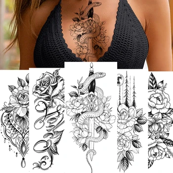 Melns Puķu Čūska Diamond Rose Ūdensnecaurlaidīgus Pagaidu Tetovējums Body Art Kāja Piedurknēm Uzlīme Ūdens Nodošanu Meitene Sievietes Apdare
