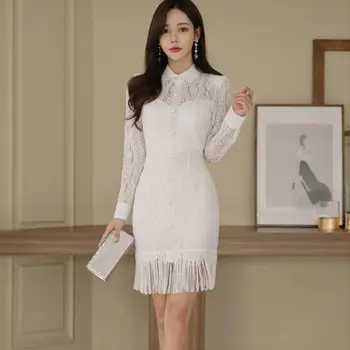 Rudens jaunās 2018 korejas OLA eleganci slim, sexy izšūšanas pušķis soma hip kleita sieviešu Peter Pan Apkakles, garas piedurknes Balta mežģīņu Kleita