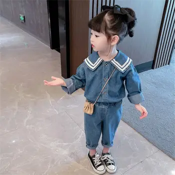 2022 jauna rudens Rietumu stila meitenes moderns mētelis divdaļīgs kostīms 2-6 gadus veci ikdienas apģērbs, uzvalki, Bērnu meiteņu džinsa auduma uzvalks