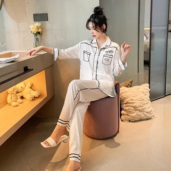 Ledus Zīda garām piedurknēm Jaunu Pidžamas Komplekts Sievietēm Skiču Melna Balta Gadījuma Sleepwear Rudens un Ziemas Homewear Pakalpojumu Uzvalks