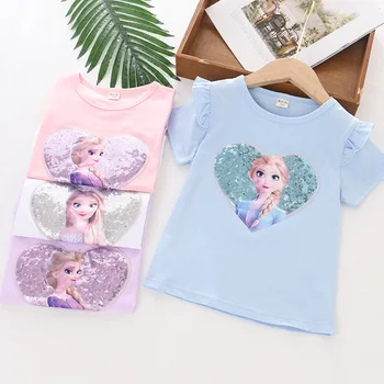 Vasarā Meitenes Saldēti T-Krekls Little Girl Toddler Karikatūra Vizuļi Mīlestību Princess Tērpi Bērniem, Kokvilnas Puse Elsa T-Krekli Apģērbi