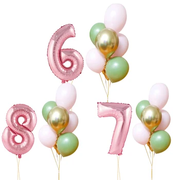 9pcs Rozā Green Baloni, kas Ar 32inch Rozā Skaitu Balonu, lai Meitene ir Laimīga, Dzimšanas dienas svinības Rotājumus Bērniem 