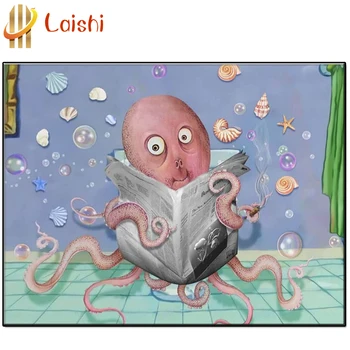 Jaunas Multfilmas, cute maz astoņkājis, lasot laikrakstu Apaļā dimanta krāsošana DIY dimanta gleznu izšūšana Mājas Dekoru dimanta