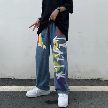 Krāsains Grafiti Zilas Džinsu Bikses Sieviešu Modes Tendences Punk Drēbes Boyfriend Stila Streetwear Baggy Plaša Kāju Džinsa Bikšu