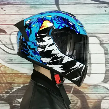 Motociklu Pilnu Sejas Ķivere Vīriešiem Dubultā Mices Racing Blue Grafiti Ķivere Motociklu Izjādes Capacete ABS Moto 