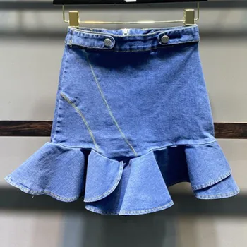 2022. gada vasarā gadījuma ruffles džinsa sirēna svārki sievietēm ar augstu vidukļa pakete hip elastīgi svārki min