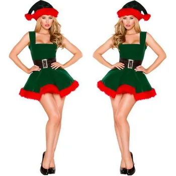Bez piedurknēm Sexy Zaļā Ziemassvētku eglīte Kostīmi Seksīgā Ziemassvētku Kleita Ziemassvētku Vecīša Tērpu Pieaugušajiem Vienotu tai skaitā cepuru