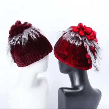 Cepure Sievietēm, Real Rex Trušu Kažokādas Rudens Ziemas Trikotāžas Rose Puķu Pūkains, Silts Beanies H24