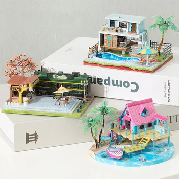 3D Metāla Puzzle Mini Casa Kafijas Veikals Miniatūru Veidošanas Komplekti Leļļu Mājas Ar Gaismu Namiņš Rotaļlietas Draugiem Dzimšanas dienas Dāvanas