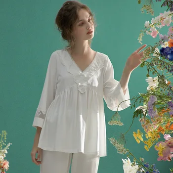2022 Sexy Mežģīņu Pidžamas Komplekti Sievietēm Mājas valkāt Gadījuma ar garām Piedurknēm 2 Gabali Sleepwear Uzvalks Sexy Pavasara Naktsveļu Lounge Bikses