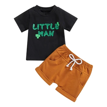 Toddler Zēns Vasaras Apģērbu Komplekts, Īsām Piedurknēm Apaļu Kakla Vēstuli Āboliņš Print T-Krekls + Cietā Elastīga Vidukļa Bikses