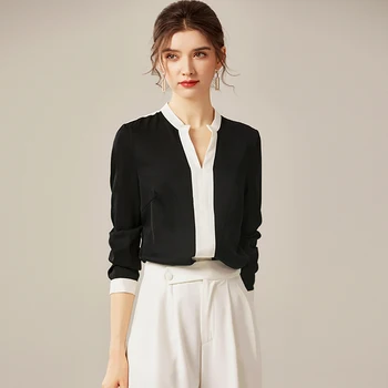 100% Zīda Blūze Sieviešu Krekls Raibs Iespiesti Elegants Dizains V Kakla Trīs Ceturtdaļu Piedurknēm Top Gadījuma Vienkāršu Stila Jaunās Modes
