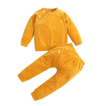 0-24M Uzvalks Jaundzimušo Puiku Drēbes Dzeltena Apkalpes Kakla Garas Piedurknes Ar Pogām Augšējā Bikses 2Pcs Set Rudens Ziemas Zīdaiņu Apģērbs