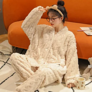 Flaneļa Pidžamas Dāmām Ziemas Bieza Pijamas Uzvalks Jaka ar V-veida kakla Japānas Modes Mājās Pakalpojumu Sieviešu Meitene Coral Fleece Sleepwear