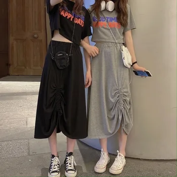 Vasaras Gari Svārki ar Augstu Vidukļa Sievietēm, Divi Gabali Cute Jaunu Korea Stilā Casual Melna Pelēka Cietā Fashion 