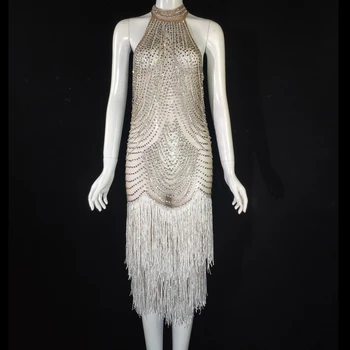 Spīd Rhinestones Bārkstis Kleita Sievietes Dzimšanas Dienu Svinēt Balli Puse Apģērbs Bez Piedurknēm, Balts Pušķis Deju Kostīmu Posmā Valkā