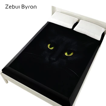 3D Gultas veļa Uz gumiju, Gulta,160x200, kas Aprīkoti Loksnes,Matracis Segums, gulta.Palags,Gultas Veļa dzīvnieku Melnais Kaķis, Gultas