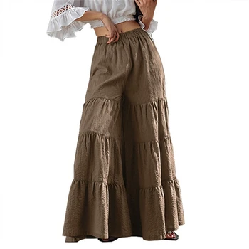 Sieviešu Jupe Femme Streetwear Plaša Kāju Bikses, Gari Svārki Gadījuma Ruffles Vintage Maxi Svārki Kokvilnas Veļa-Line Svārki Bikses