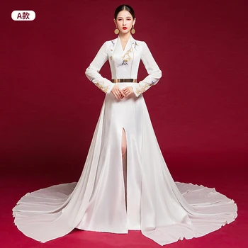 8 Stiliem Sievietēm, Balta, Ar Garām Piedurknēm Stāv Apkakle Izšuvumi Modes Karalienes Auru Elegants Modelis Skatuves Sniegumu Puse Kleita
