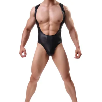 Vīriešu Bodysuit Ādas Imitācijas Sexy Apakšveļa Vīriešu Ķermeņa Shaper Kultūrisms Jumpsuit Vīriešu Cīņas Singlet Ķermeņa Kostīmi