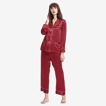 Modes 100% Zīda Ar Garām Piedurknēm Pidžamas Komplekts 22 Momme Apdari Pogu, Savukārt, Apkakles Pijama Sievietēm Cietā Sleepwear Pāris Pyjama
