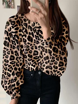 VONDA Sieviešu Leopards Izdrukāt Krekls 2022 Sieviešu Blusa Gadījuma garām Piedurknēm Apkalpes Kakla Chemise Topi, Sieviešu Poliestera Blūze Oversize
