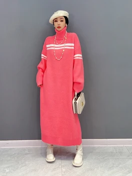 SuperAen 2023 Ziemas Jauno korejas Modes Tendence Augstu Apkakli, Trikotāžas Kleitu Modes Lielajam Sieviešu Garš Džemperis Kleita