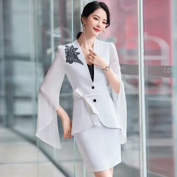 Korejas pavasara uzvalks liela izmēra birojs sieviešu uzņēmējdarbības balto apkaklīšu formālās profesionālās kleitu, darba drēbes, Gaiši zils tērps-svārki