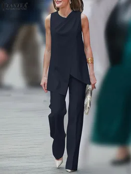 ZANZEA Sieviešu Vasaras Cietā Uzvalks atbilstības Komplekti O-veida Kakla Piedurknēm Neregulāru Apakšmalu Blūze Modes Gadījuma Elegants Zaudēt Plaša Kāju Bikses