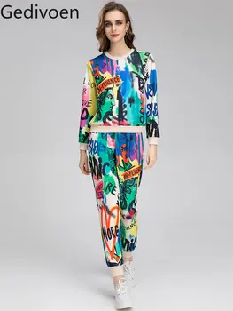 Gedivoen Modes Dizaineru Rudens Bikses ir piemērotas Sieviešu garām piedurknēm Alfabēta Tie Krāsošanas Top + Bikses Divi Gabali Komplekts