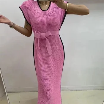 Korejas Modes Dobi No Piedurknēm Siksnas Kleita Sievietēm 2022 Vasaras Adītas Garās Kleitas Sadalīt Raibs Vestidos 2557