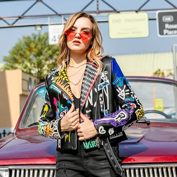 Modes Dāma ir Iespiesta Īsa Pu Ādas Motociklu Jaka Ādas Mētelis Sievietēm Punk Stila Sieviešu Ādas Apģērbu