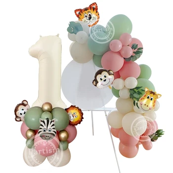 24pcs Kartona Savvaļas Dzīvnieku Balonu Tornis ar 32inch Krēmveida Skaitu Balonu, lai Meitene ir Savvaļas Vienu Džungļu Dzimšanas dienas svinības Rotājumi